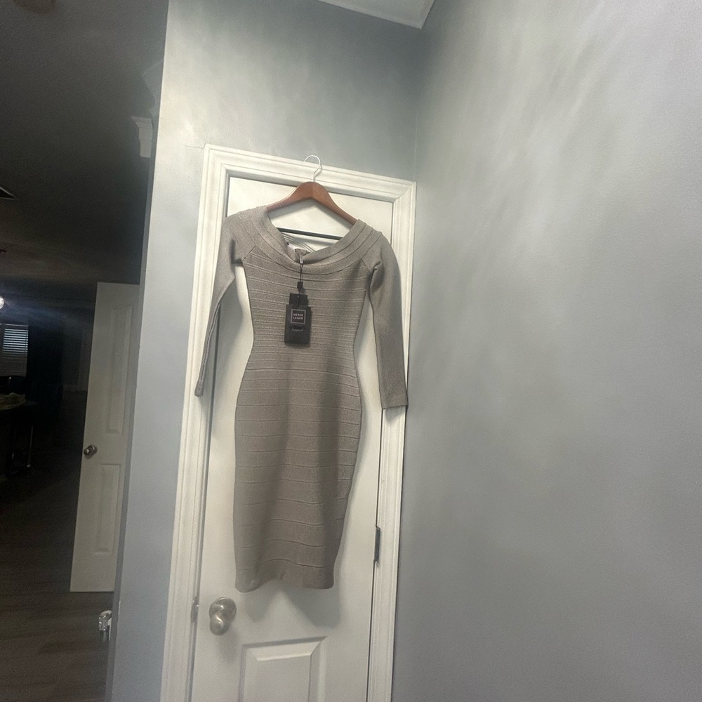 Herve Leger Neutral Taupe Long-Sleeve Bandage Midi Dress